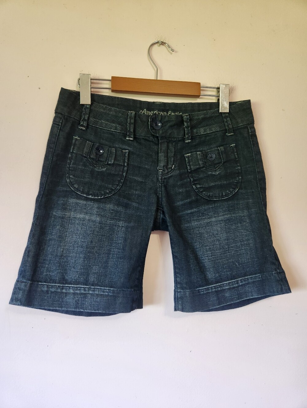 American Eagle Y2K McBling Dark Wash Denim Utility Bermuda Shorts Size 4